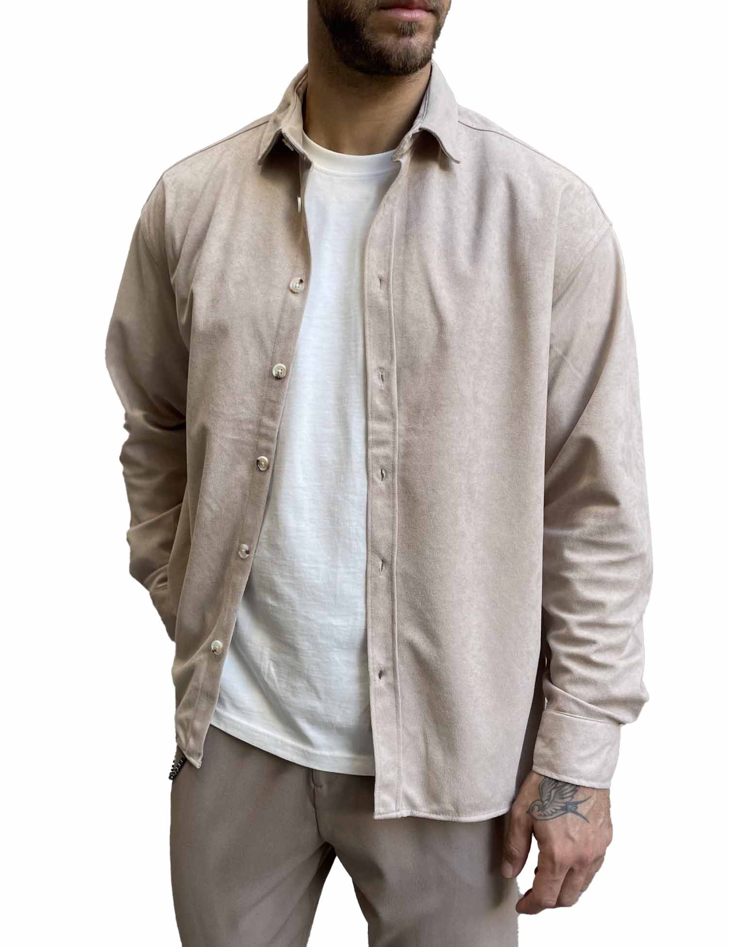 Ανδρικό μπεζ κοτλέ Overshirt με γιακά RMZ470B φωτογραφία